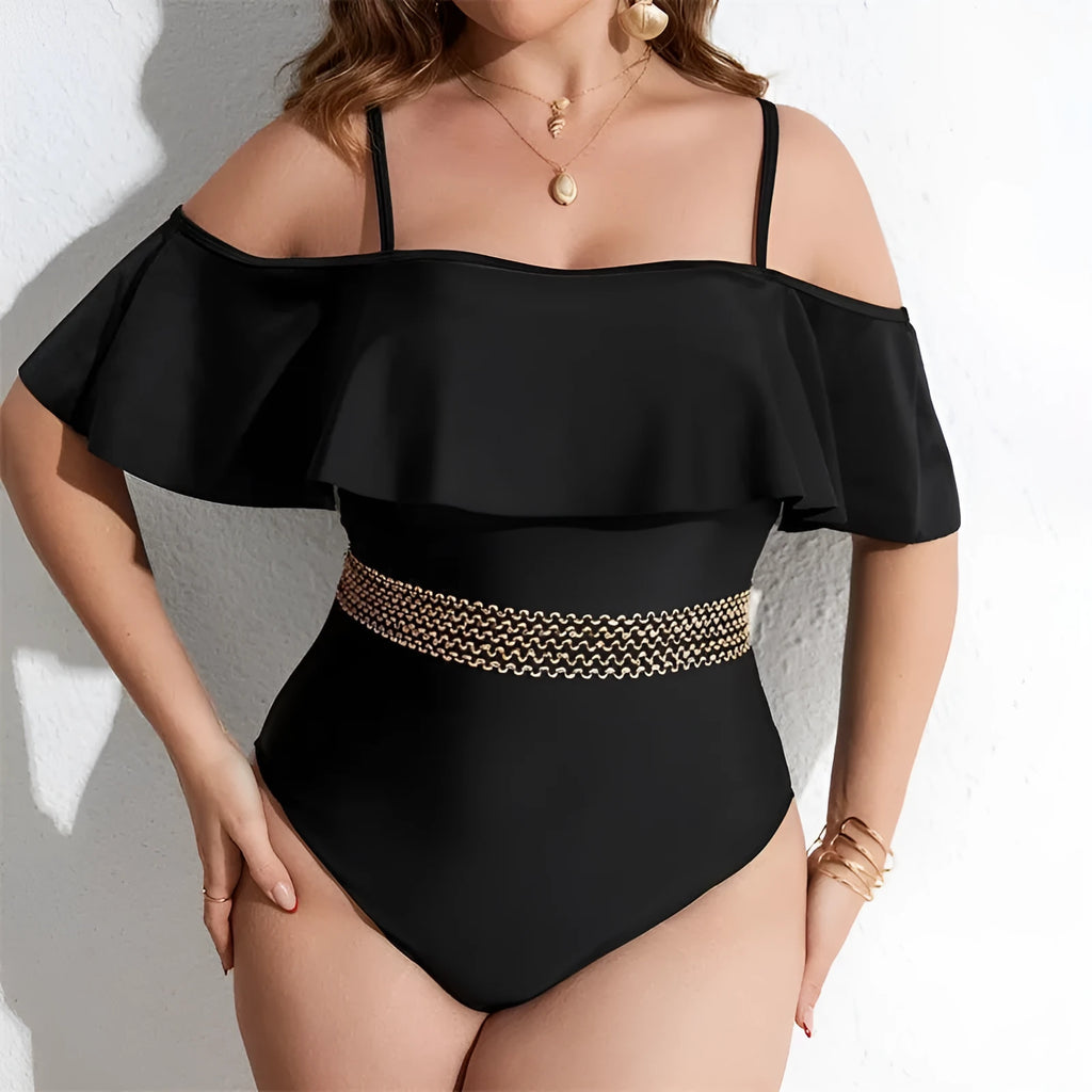 Black one-piece swimsuit for women in polyester fabric with extended sizing options