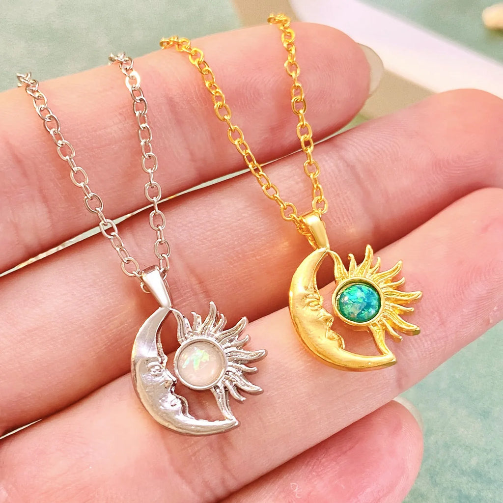 Alloy sun moon geometric pendant necklace on adjustable chain, gold electroplated finish