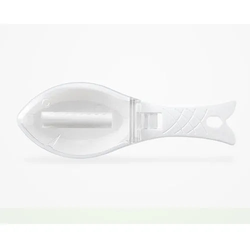 Fish scale scraper kitchen tool with cover design in food-grade white plastic with hanging hole