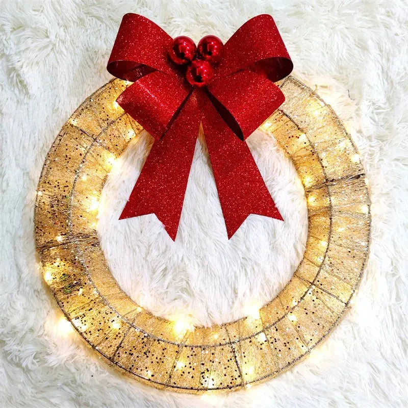50cm handmade Christmas garland with gold and green bowknot, 140 LED lights, and battery-operated timer for door or wall display