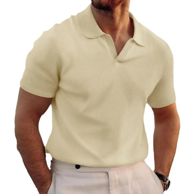 Men's black waffle knit t-shirt with lapels and short sleeves in slim fit