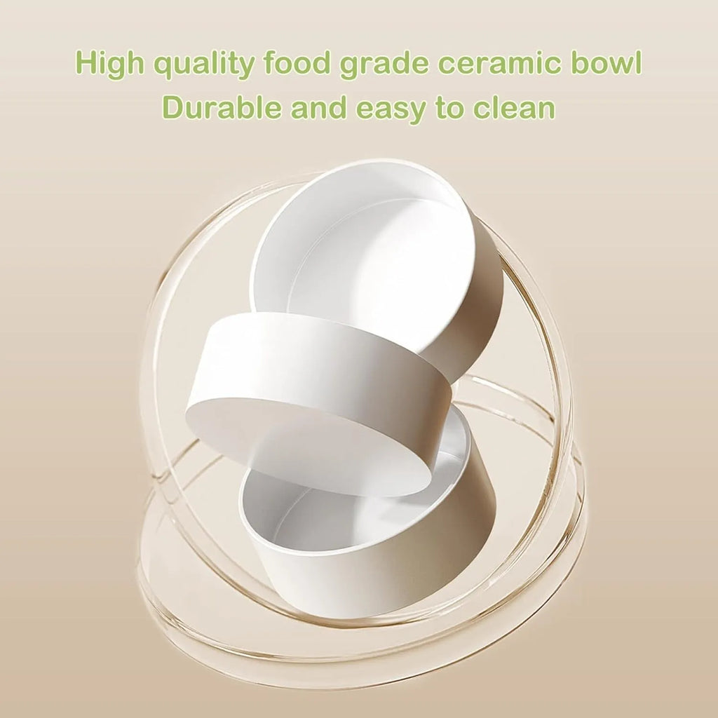 Ceramic elevated cat bowls with 15 degree tilted stand in green, white and yellow colours