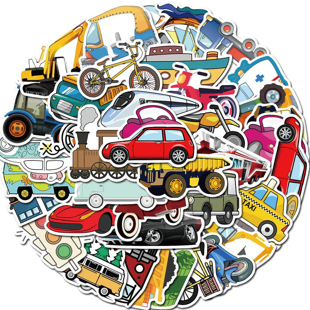 Set of cartoon vehicle graffiti stickers including an excavator, size 4-6cm, waterproof adhesive