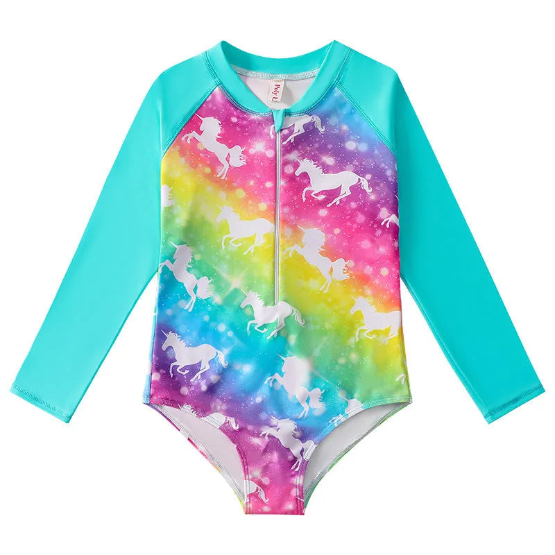 Girl's long-sleeve one-piece swimming suit in polyester fabric on a mannequin, showing briefs style.