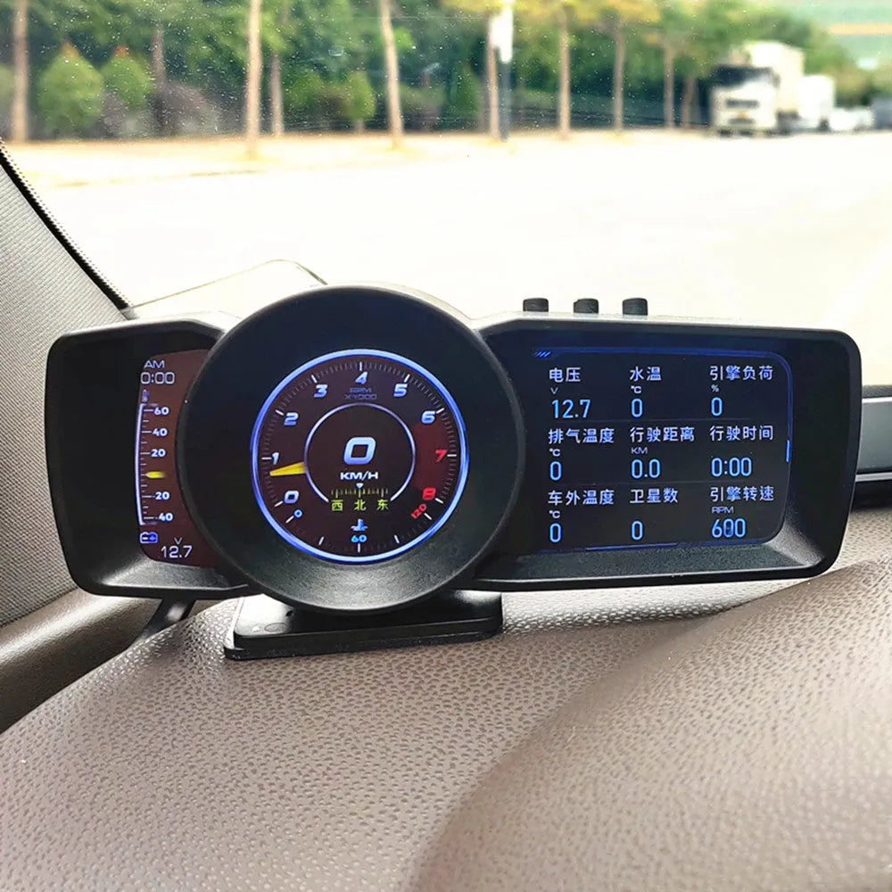 OBDII vehicle monitor driving computer with screen showing diagnostics and GPS map, includes cable and tools.