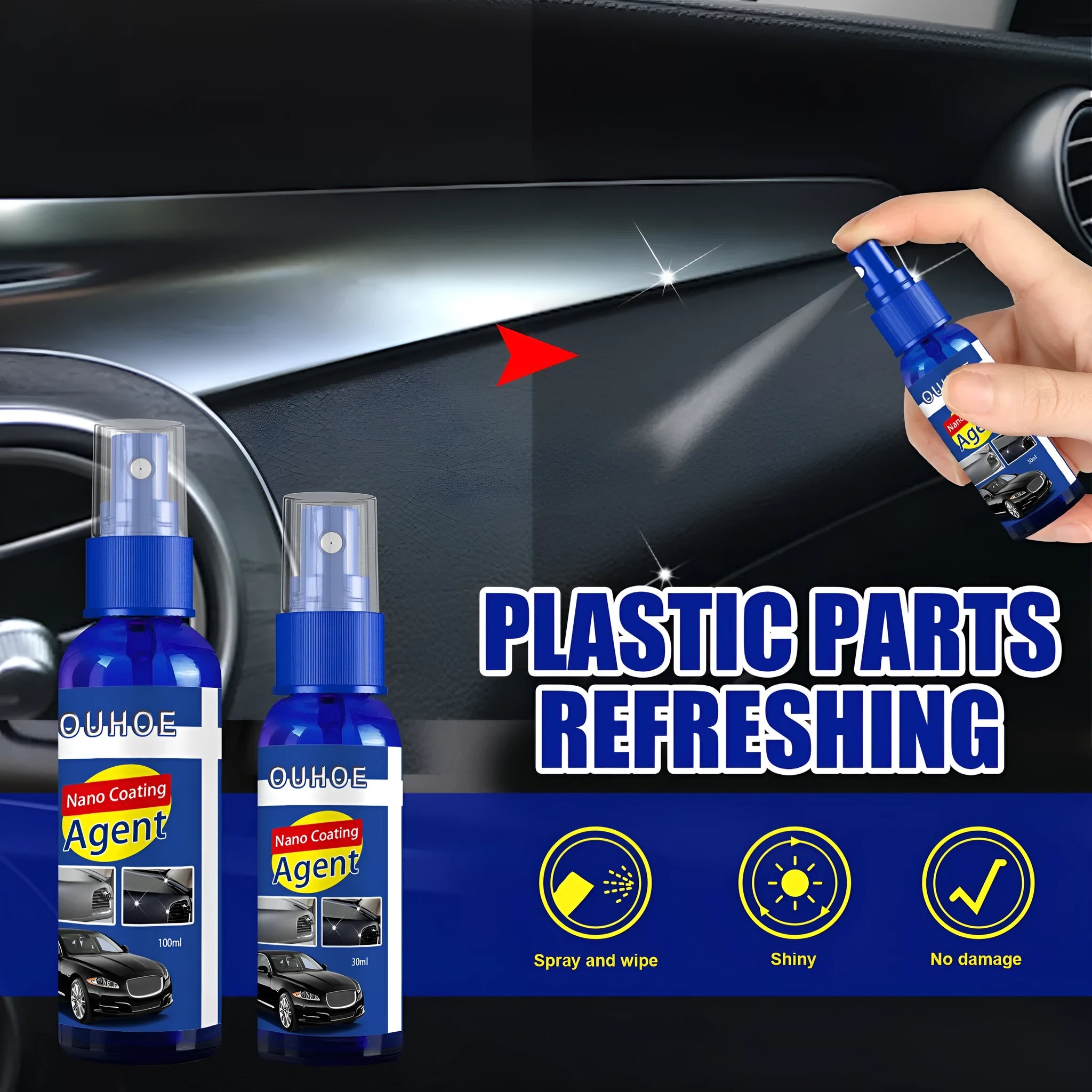 Car interior plastic renovation spray bottle in 30ml or 100ml size with yellow sponge