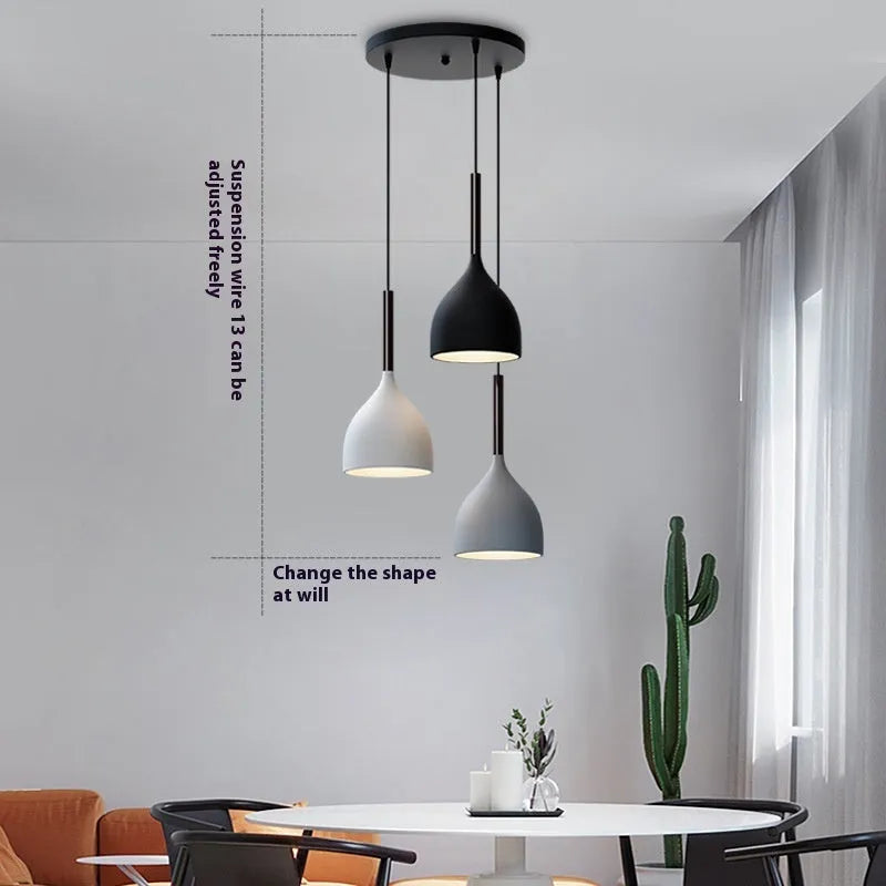 Nordic three-head pendant light in black, grey, or white for living room and dining room, 220V