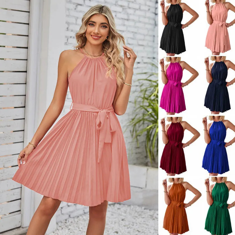 Women's black halter neck strapless sundress with pleated skirt and adjustable waist belt