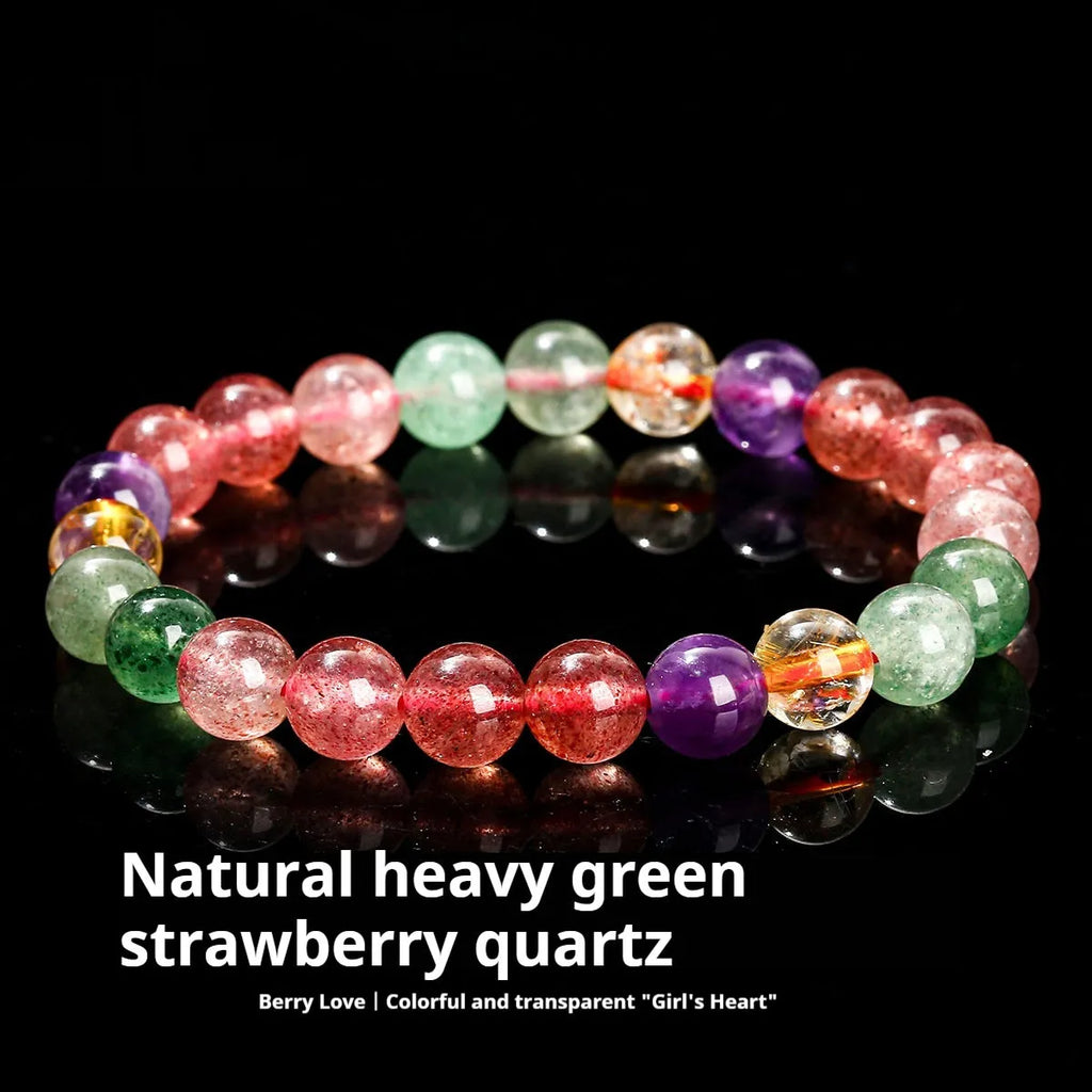 Women's strawberry quartz gemstone bracelet with round beads in a geometric pattern.