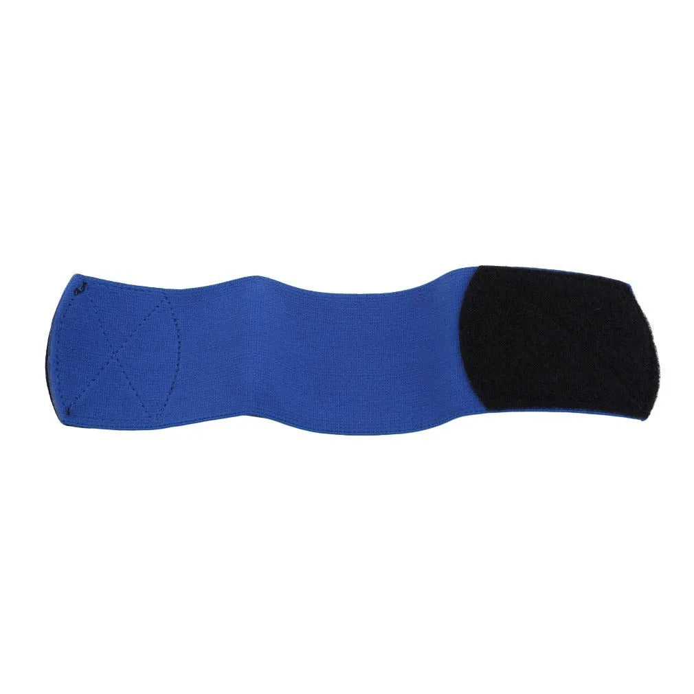 Rubber shin guard strap for football, shown in one of four colours: black, blue, red, or white.