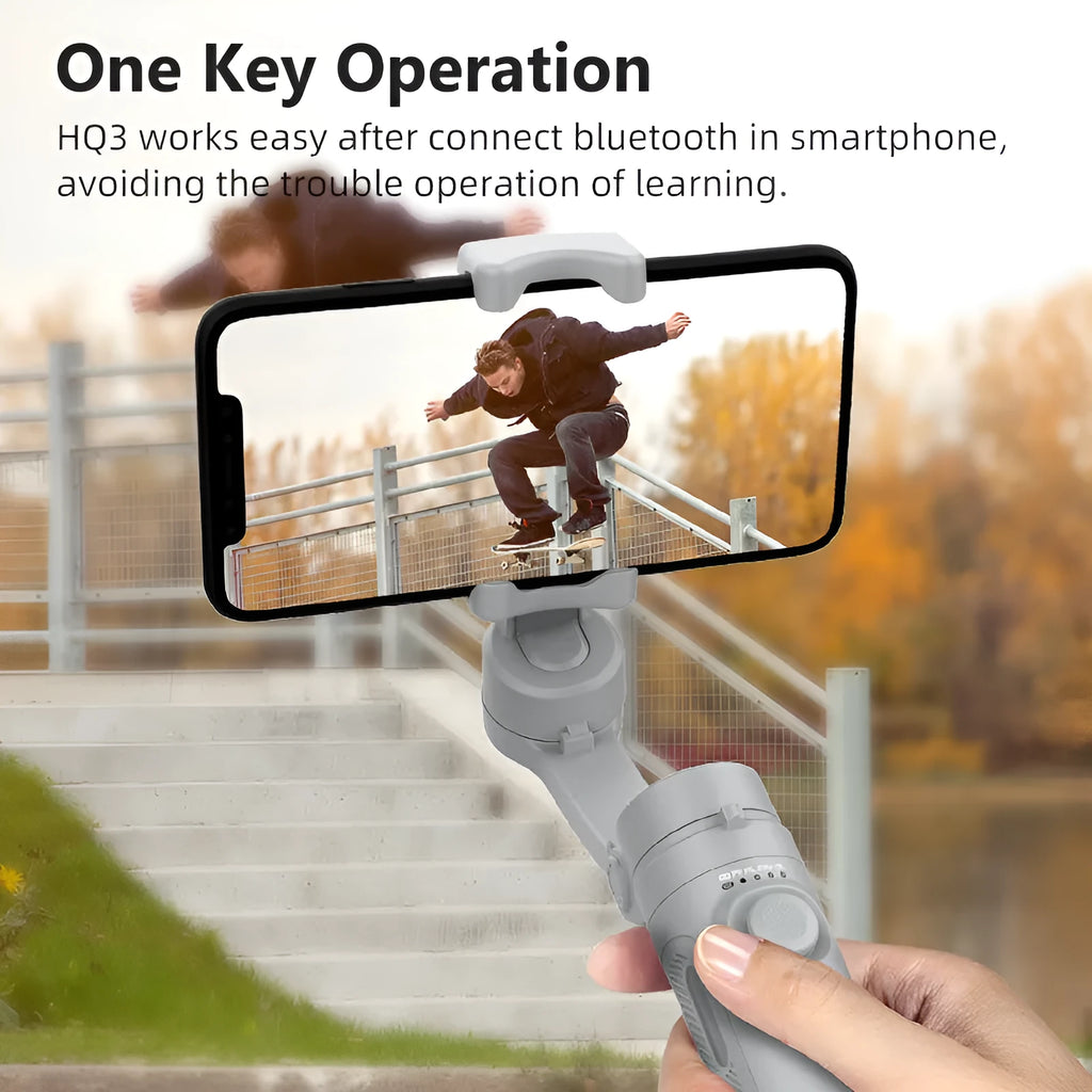 Handheld three-axis Bluetooth phone stabiliser with foldable ABS glass fibre body and tripod