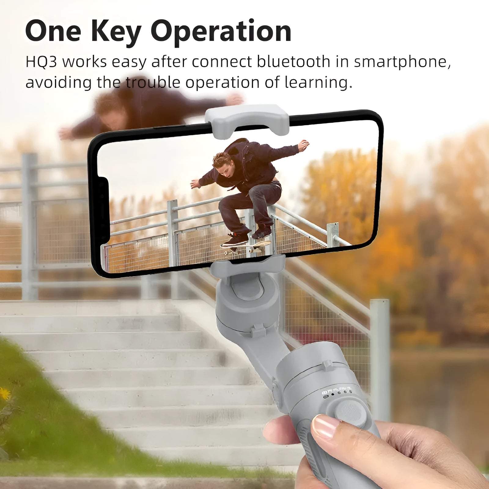 Handheld three-axis Bluetooth phone stabiliser with foldable ABS glass fibre body and tripod