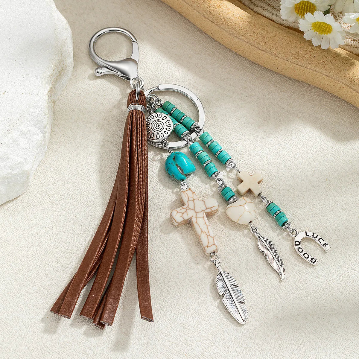 Retro cross alloy keychain pendant with leather rope tassel in colour XY-3669 for suitcase or bag decoration