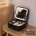 LED light cosmetic bag with full screen mirror on top, PU leather skin care storage box in light pink, two sizes available