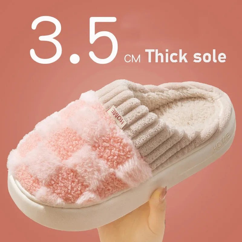 Women's plaid plush slippers with non-slip PVC soles in coffee, green, grey, pink or white colours