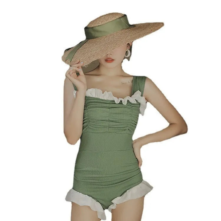 Korean style high-waisted one-piece swimsuit in quick-dry polyester fabric