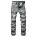 Men's ripped straight denim trousers in dark blue, mid waist, light straight leg, zip fly, sizes 28-42