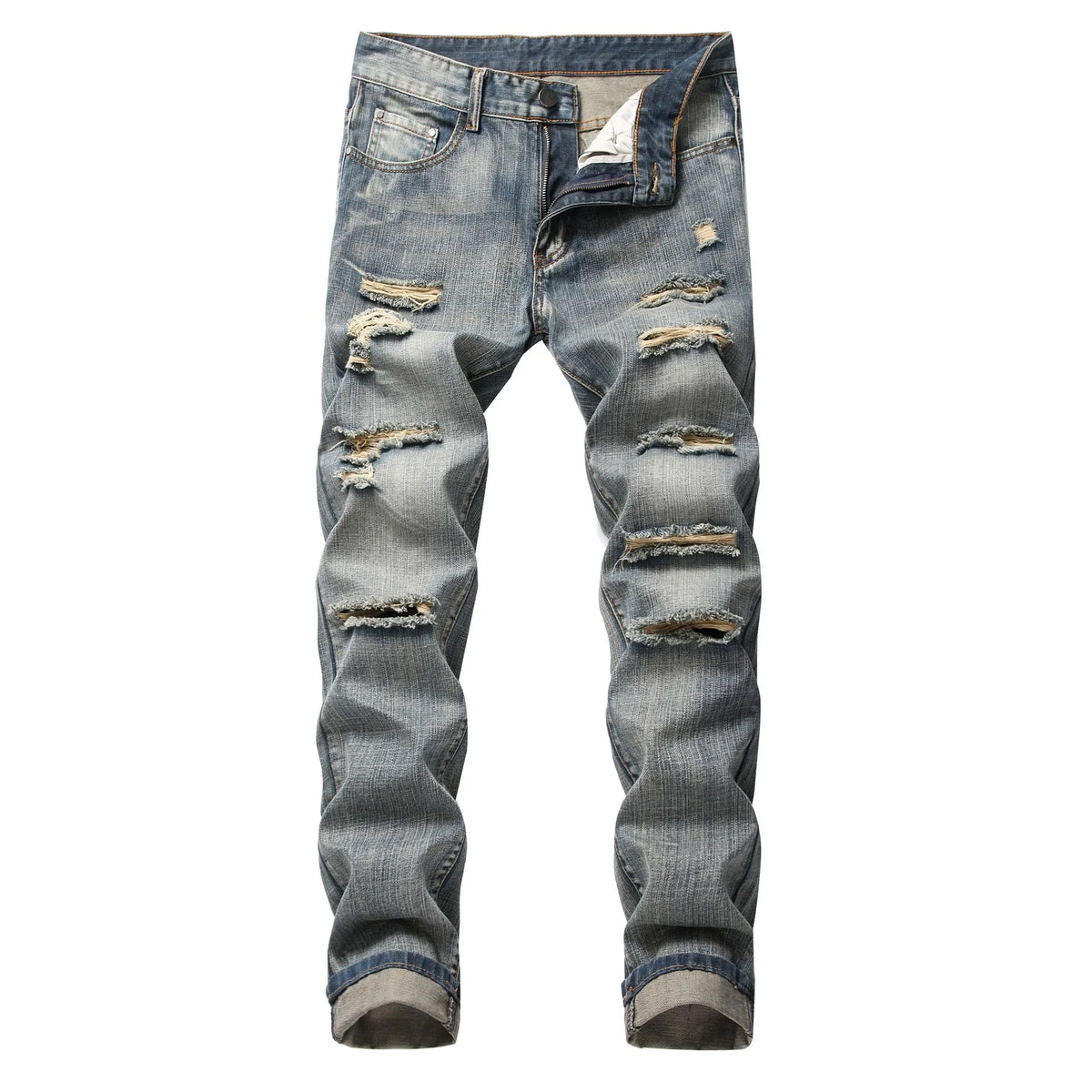 Men's ripped straight denim trousers in dark blue, mid waist, light straight leg, zip fly, sizes 28-42