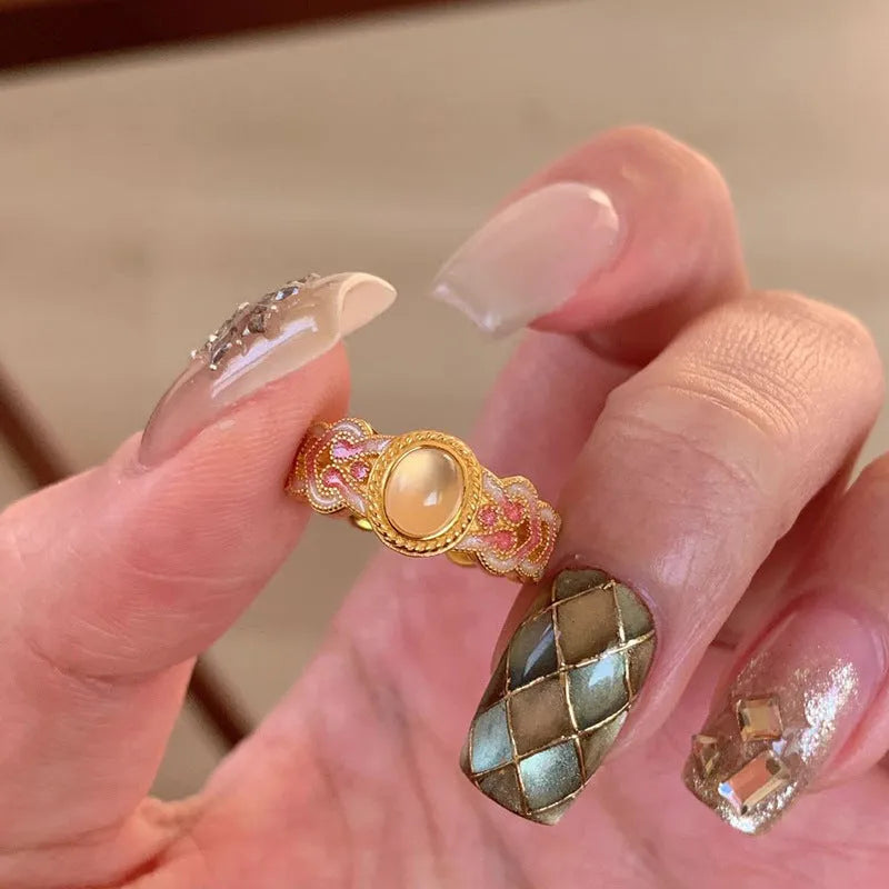 Pink crystal enamel geometric open ring with gold-plated copper adjustable design