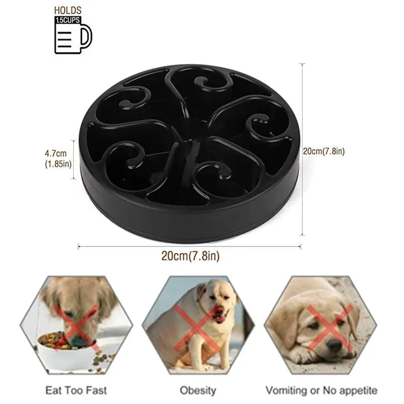 A coloured slow feeder dog bowl with a maze pattern and non-slip base, suitable for large, medium, and small dogs.