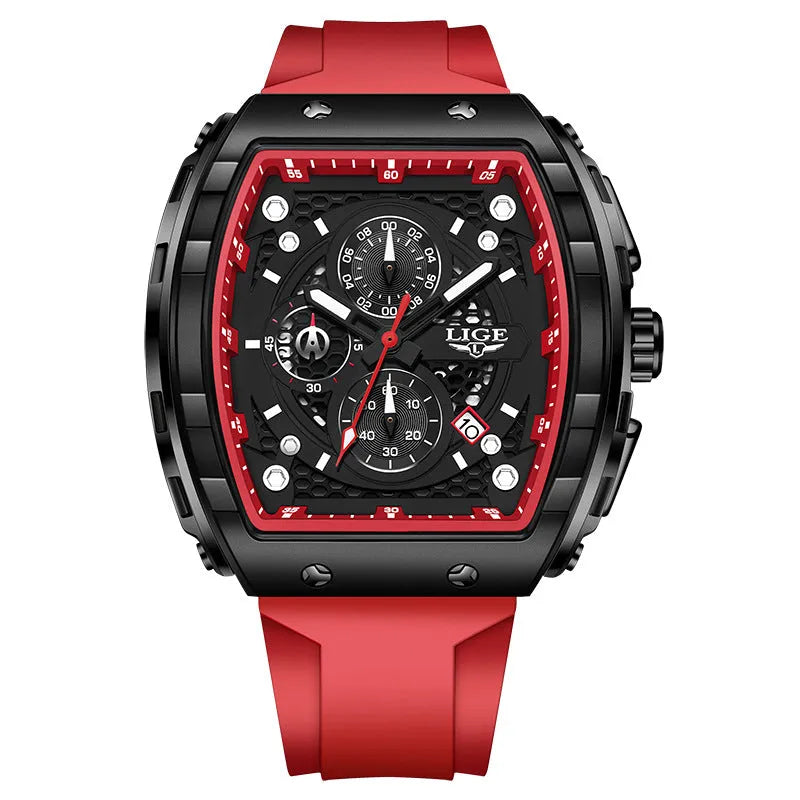 Men's sports quartz watch with 50mm dial, luminous hands, and stainless steel back in rose gold black.