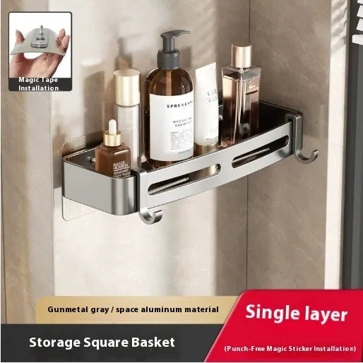 Gun grey triangular corner bathroom storage rack mounted on wall with toiletries