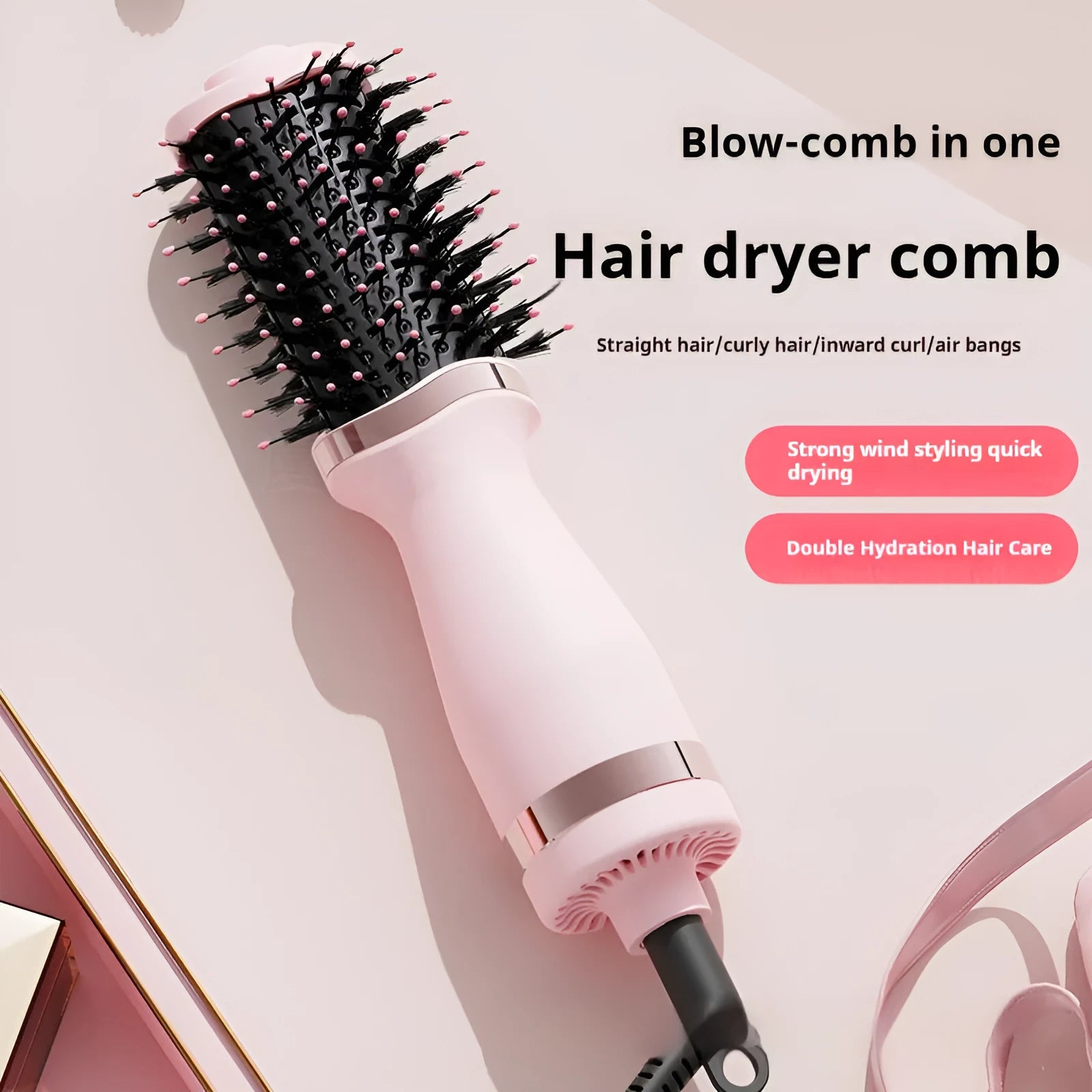Pink multifunctional hair dryer with integrated comb and curling attachment showing constant temperature technology