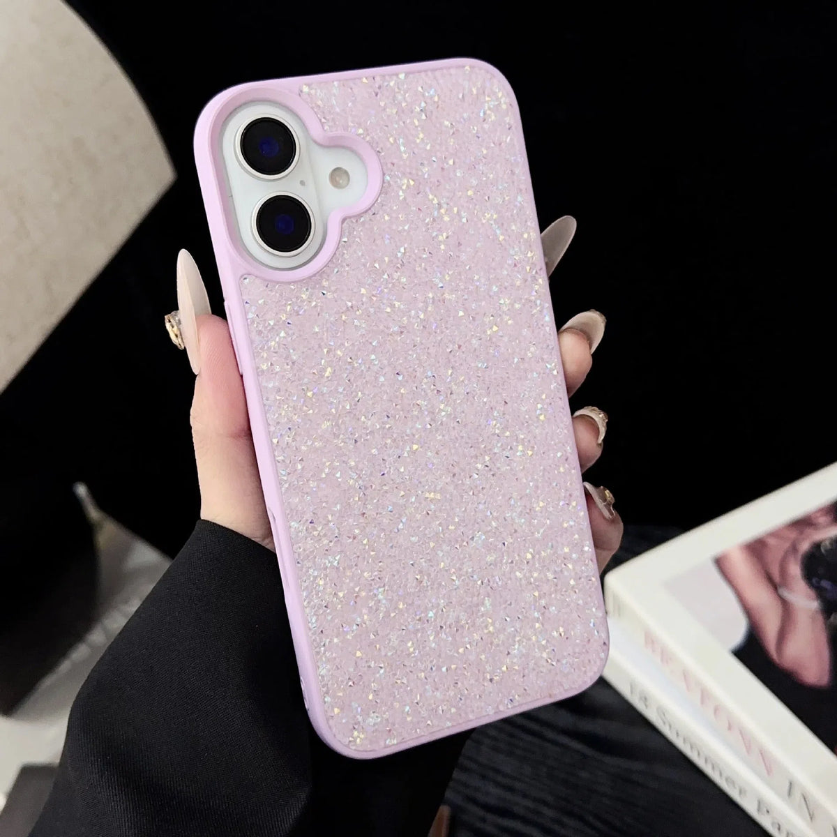 Luxury full diamond handmade phone case for iPhone 17 series in black, pink, light purple, gold, gray or white.