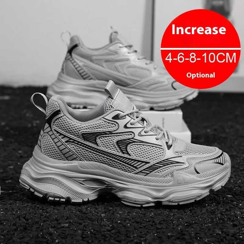 Men's white mesh height increasing casual shoes with front lace-up and rubber EVA PU sole.