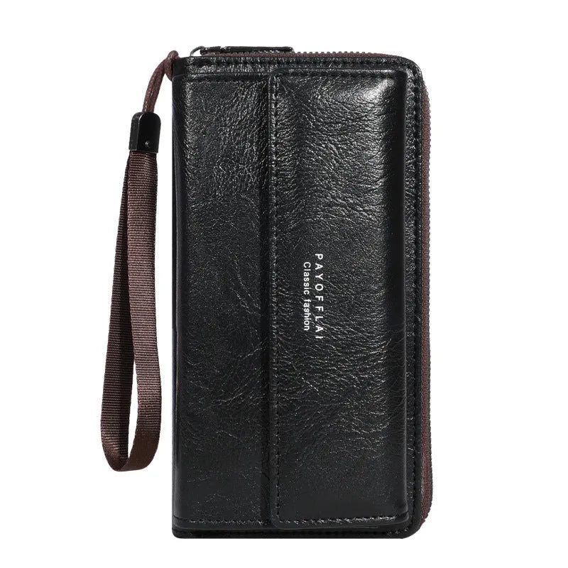 Men's black casual long PU leather wallet with multiple card slots shown open.