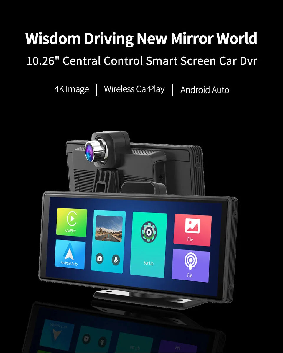 12-inch touchscreen car DVR and media display with front and rear recording cameras on dashboard