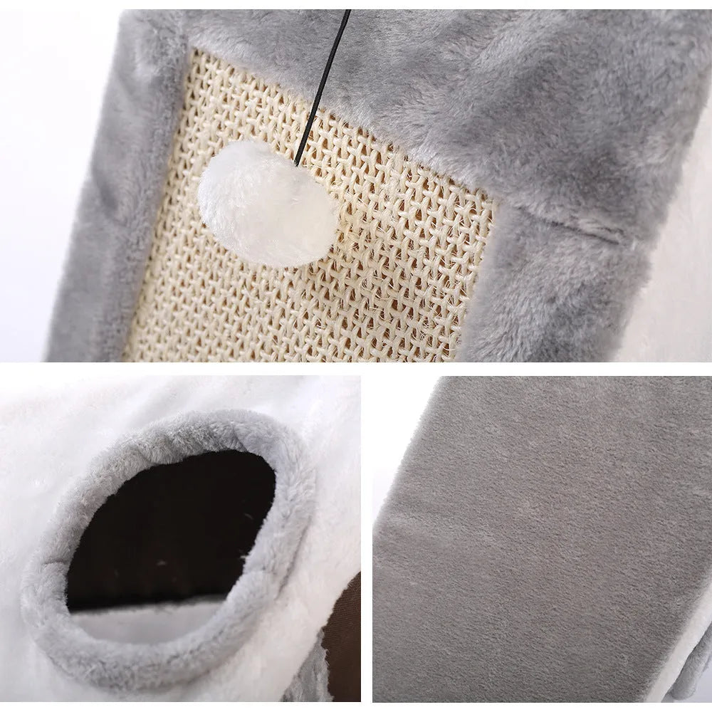 Triangular cat bed cage with sisal scratching surface in grey and white colour