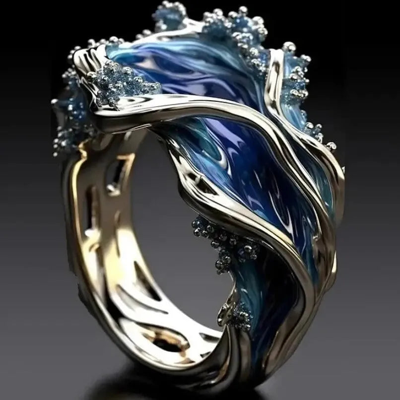 Women's geometric alloy ring with wave oil drop diamond inlay