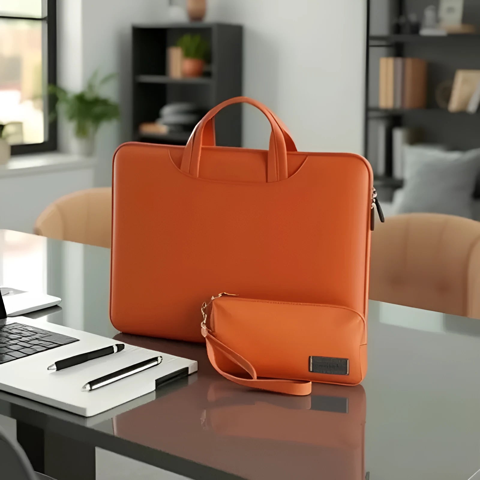 Black PU leather laptop storage bag with built-in power bank for 13-16 inch notebooks
