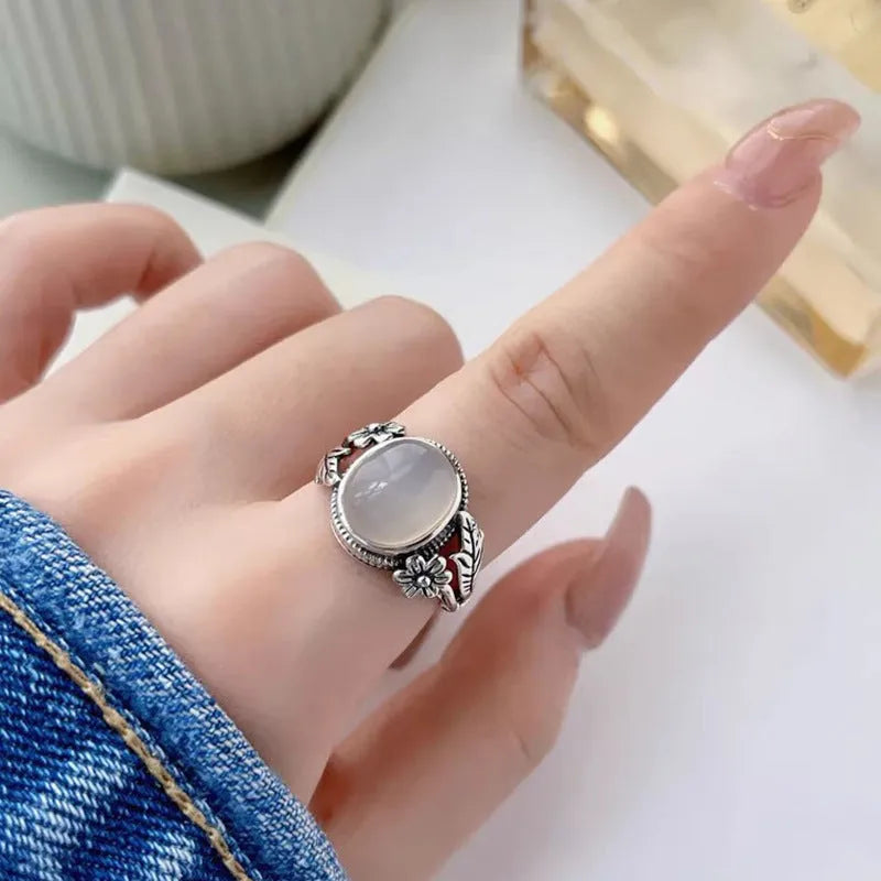 Adjustable copper vintage ring with white chalcedony gemstone and U-shaped band