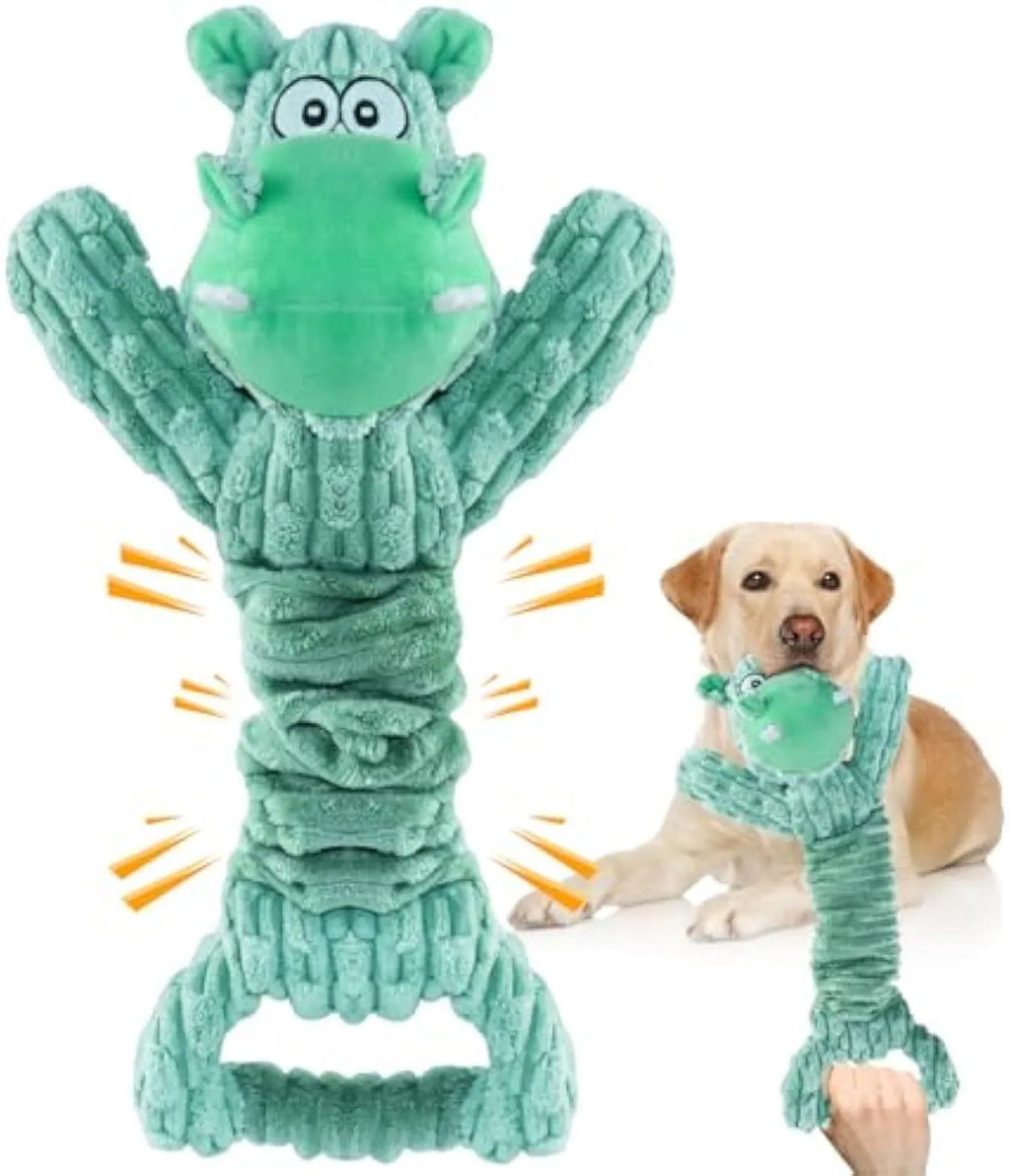 Large green plush hippo dog toy with a handle, shown as an interactive squeaky and crinkle chew toy