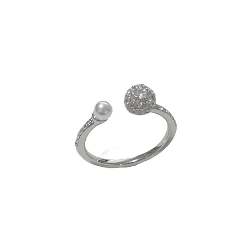 Adjustable open-end ring with round zircon pearl and thick gold plating in geometric design