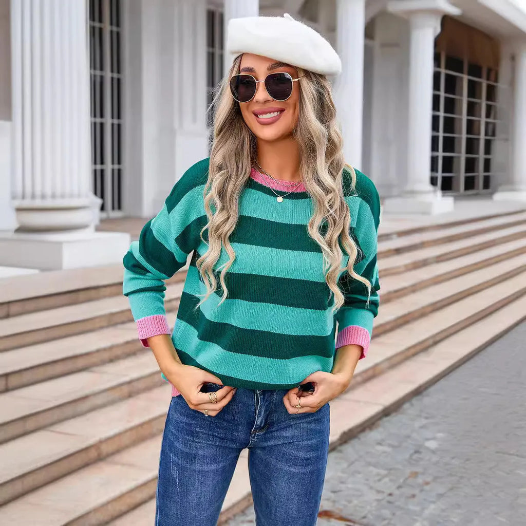 Women's loose fit long sleeve acrylic sweater with floral stripes or plaid pattern in blue colour