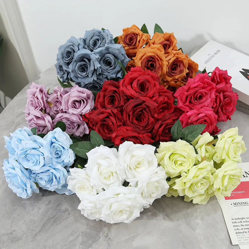 9-Head Silk Flower Row Bundle for Wedding Hall Decoration Photography Props Home Use 14 Colour Options Black Bright Red Champagne Cloudy Blue Coffee Green Light Blue Light Pink Orange Powder Core Purple Rose Red White Yellow