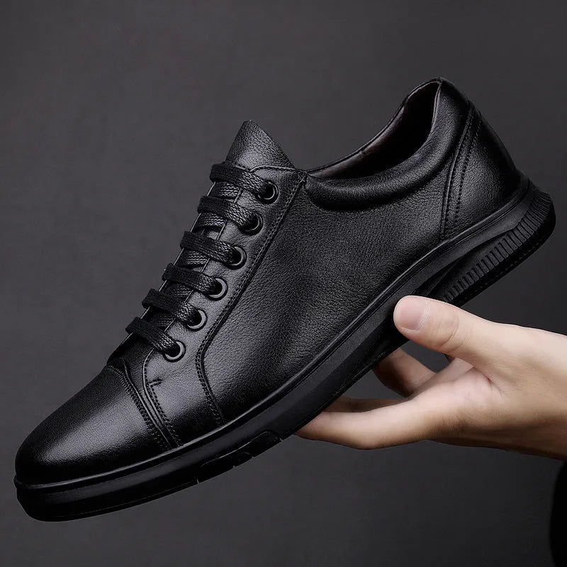 Men's cowhide board shoes in white or black, genuine leather upper, flat heel, sizes 37 to 46
