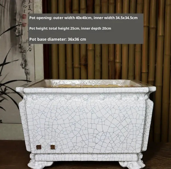 Handmade ceramic flower pot with crackle glaze surface in white colour, large diameter Chinese style planter
