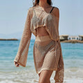 Women's khaki vacation clothing set with bell sleeves and hollow out detailing - top and skirt two-piece outfit