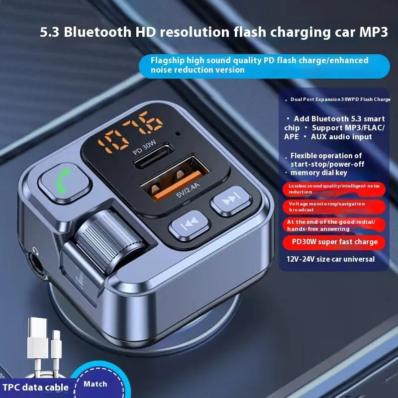Black car Bluetooth receiver with LED display showing connection status and dual USB ports for fast charging
