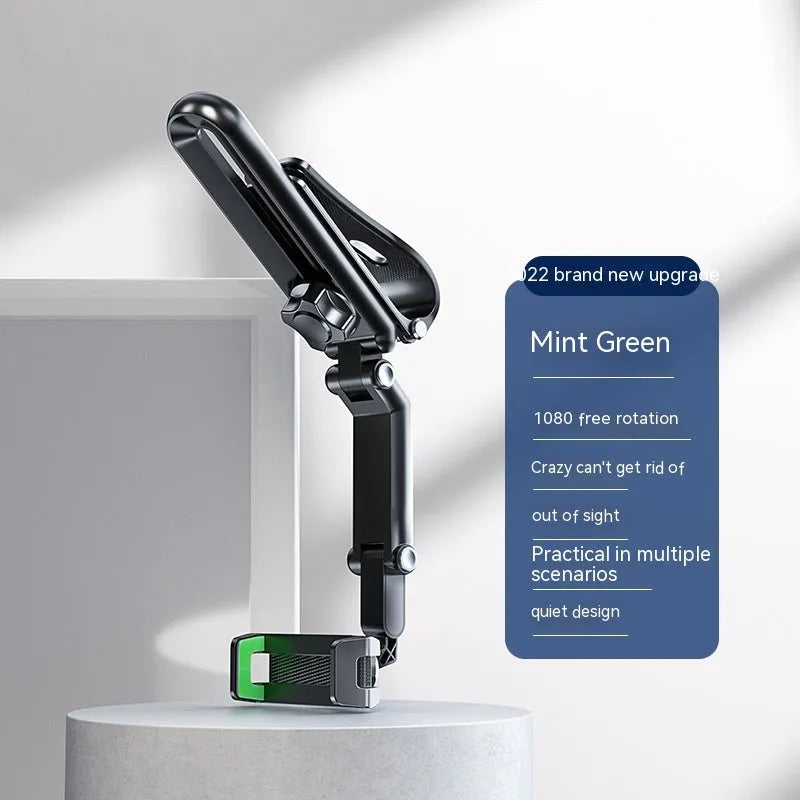 Car mobile phone bracket with one-clip design mounted on car air vent, showing adjustable side clamps
