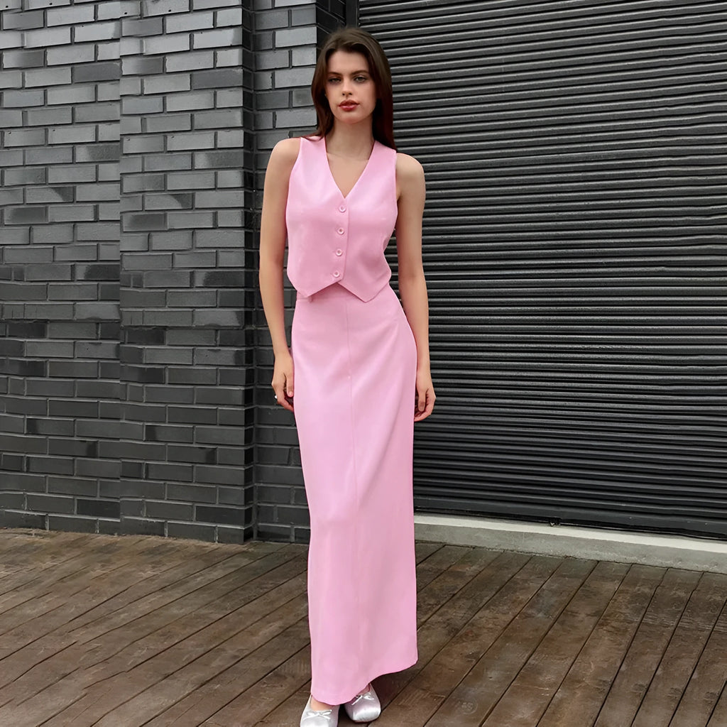 Pink polyester sleeveless vest and long split skirt suit for women