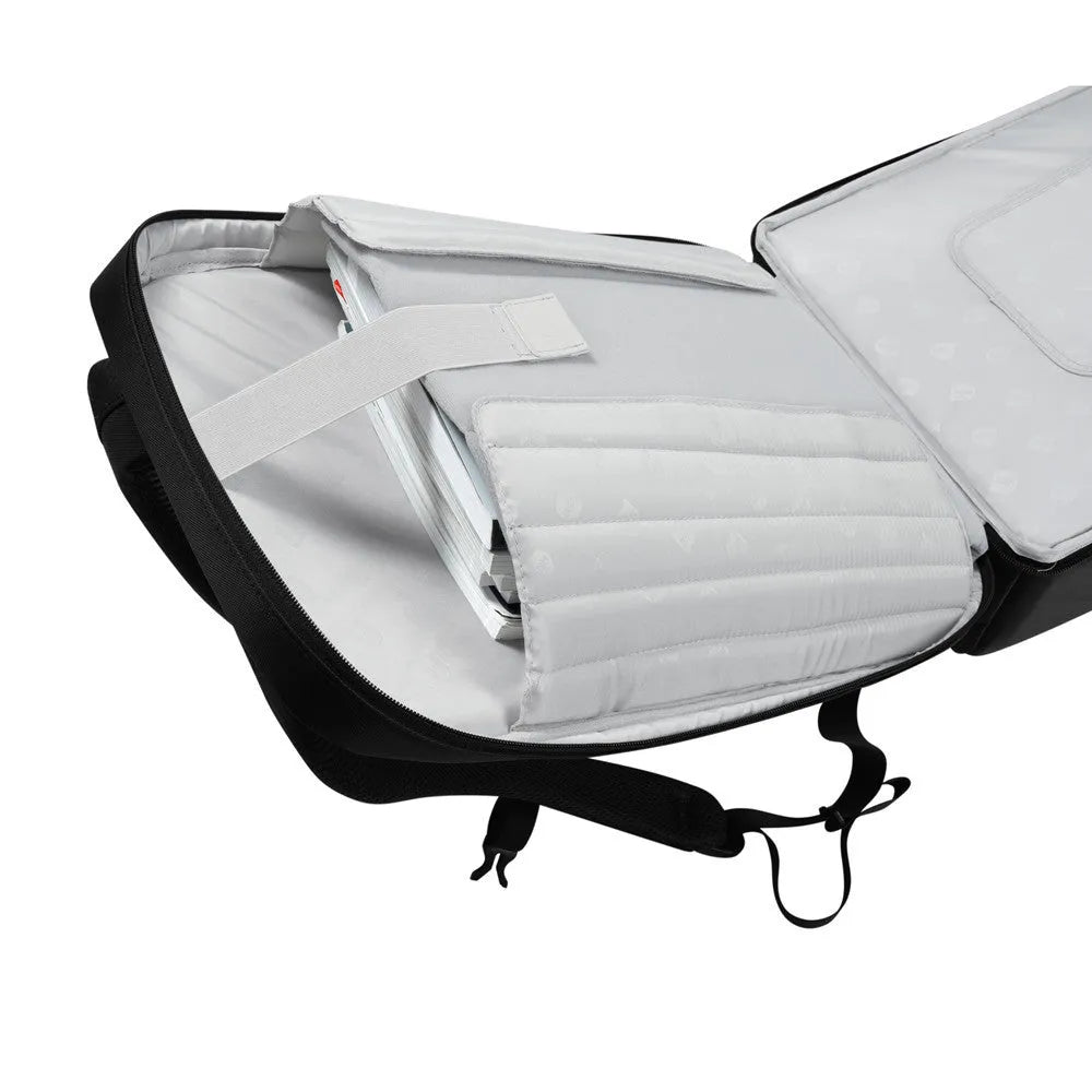 Black nylon game console storage bag for PS5 and console kits, 49 x 33 x 24cm, sewn construction, one bag.