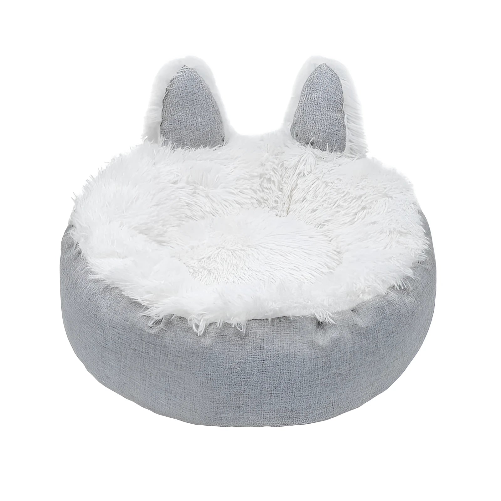 Blue plush faux fur circular cat bed with raised sides on a wooden floor