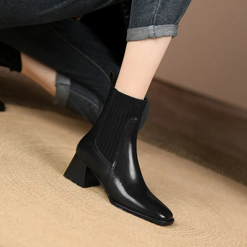 Women's square toe vintage French chunky heel knitted stretch ankle boots in brown with artificial PU upper