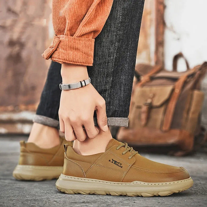 Men's casual leather shoes with lightweight rubber foam sole, plain surface, available in yellow and gray, sizes 38-44