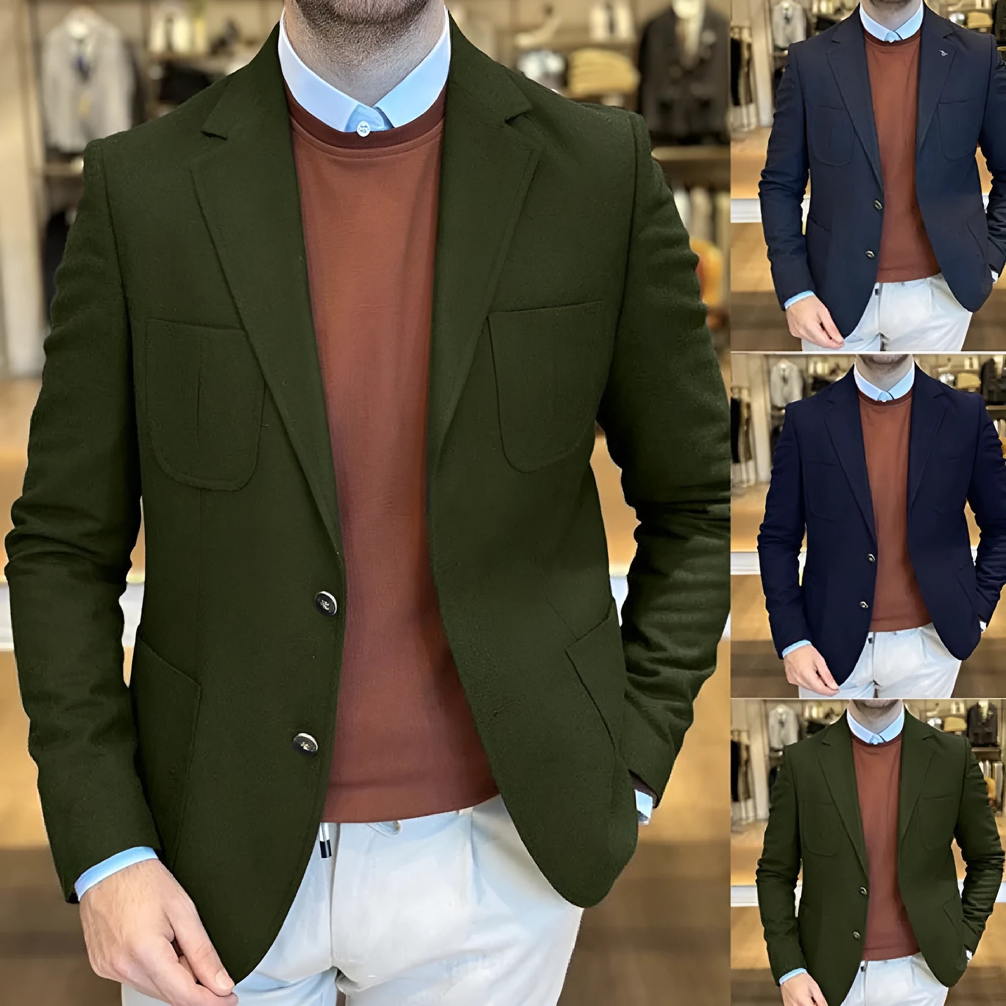 Men's loose-fit cotton suit jacket in army green colour, shown on a model.